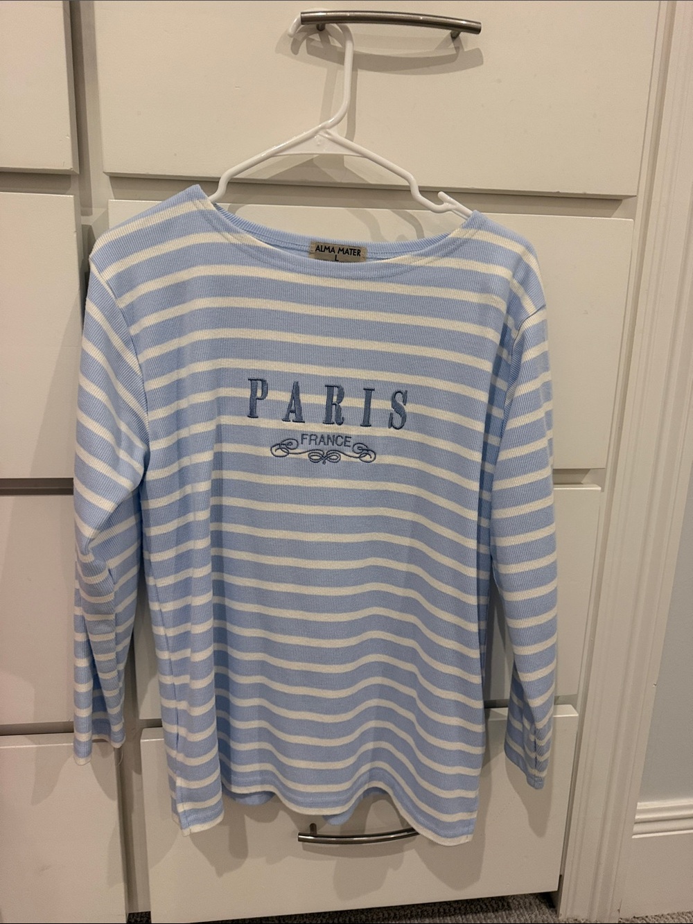 Alma Mater 'Paris France' Light Blue & White Striped Top
